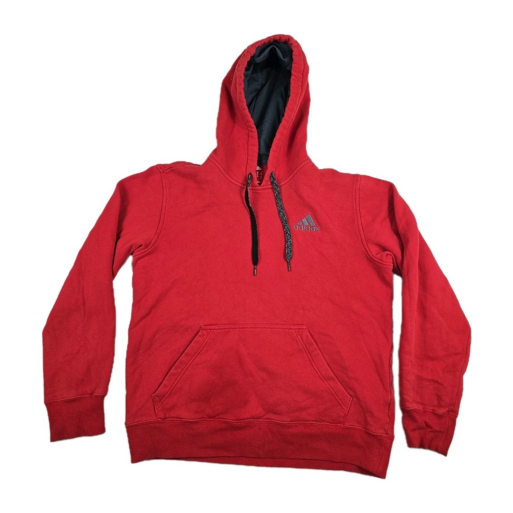 Adidas Mens Small Red Pullover Hoodie Embroidered Logo Fleece Lined Sweatshirt